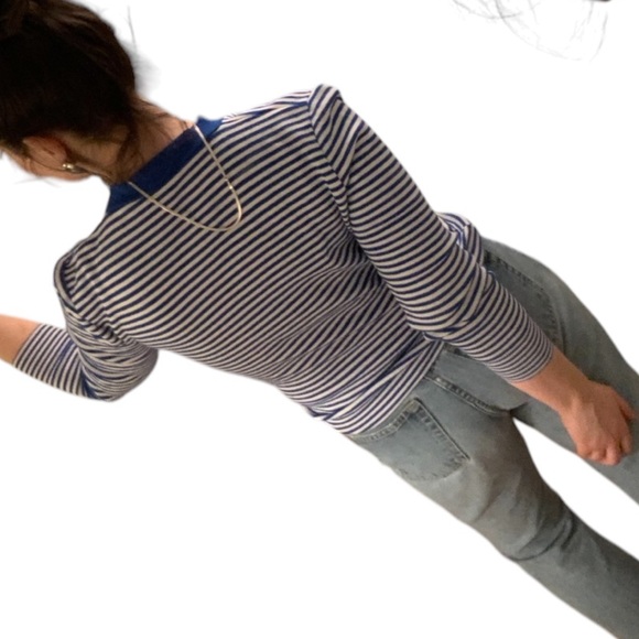 VTG Blue White Stripe V Neck Knit Pullover Sweater Jumper Academia Prep XS S M - Picture 8 of 16